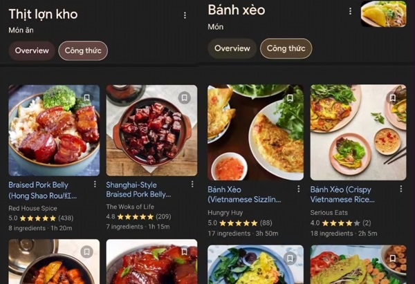 Công thức nấu ăn trên Google Search